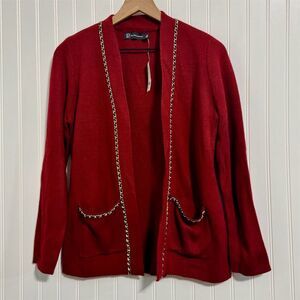 NWT New York & Company Cardigan Sweater XS Red Gold Chain Trim OpenFront Holiday